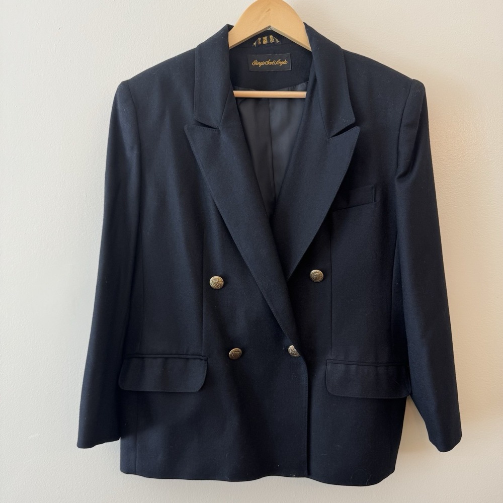 Vintage Double Breasted 100% Wool Women's Sz 14 Black Giorgio Sant Angelo Preppy